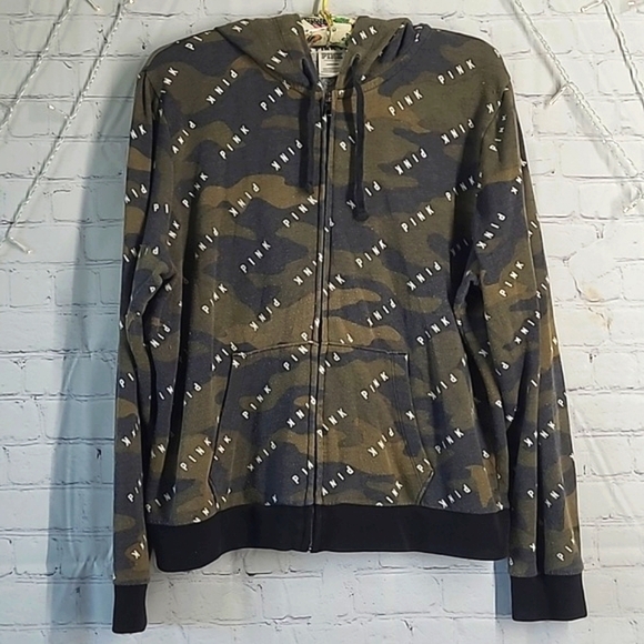2018 Victoria's Secret PINK All Over Logo Spellout Army Camo Full Zip Hoodie L - Picture 1 of 17